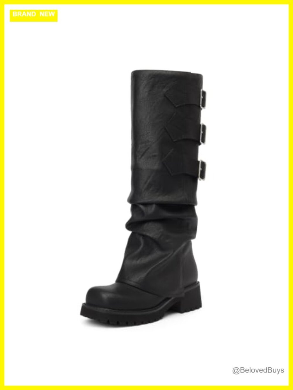 Knee High Fold Over Moto Boots Cubic Block Heel Platform Faux Leather